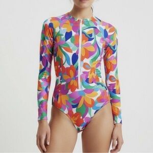Hurley Womens Small Multi Floral Rashguard Swimsuit Half-Zip Vibrant Bright NWT
